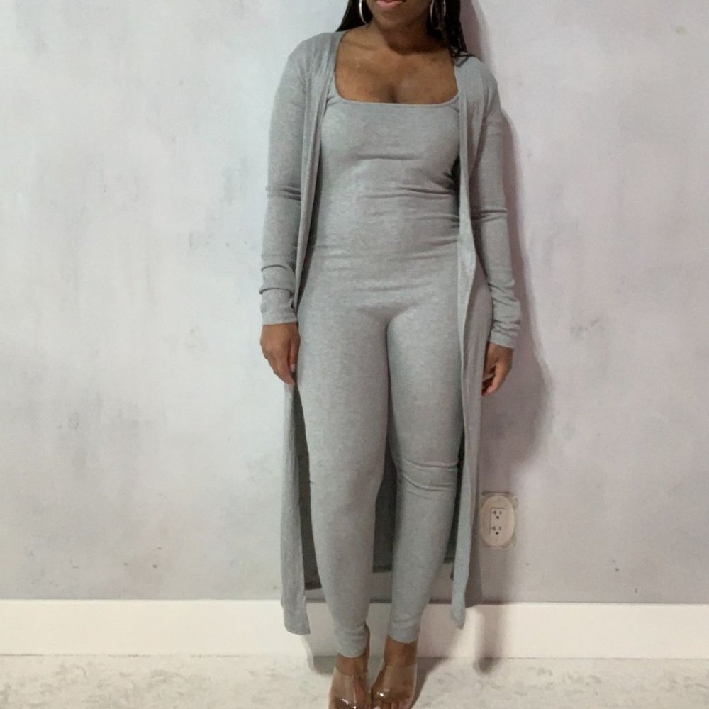 (NWT) Ribbed Jumpsuit & Cardigan Matching Set - Grey